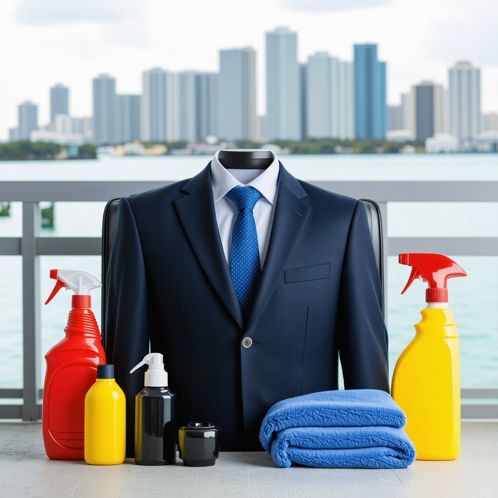 Suitcase with suits and eco-friendly cleaning products against Tampa Bay skyline.