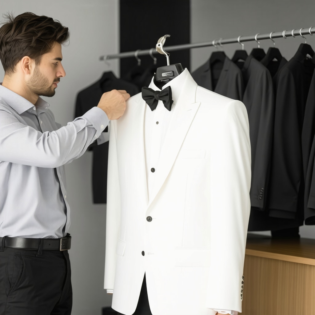 Professional dry cleaner using eco-friendly methods to clean a tuxedo