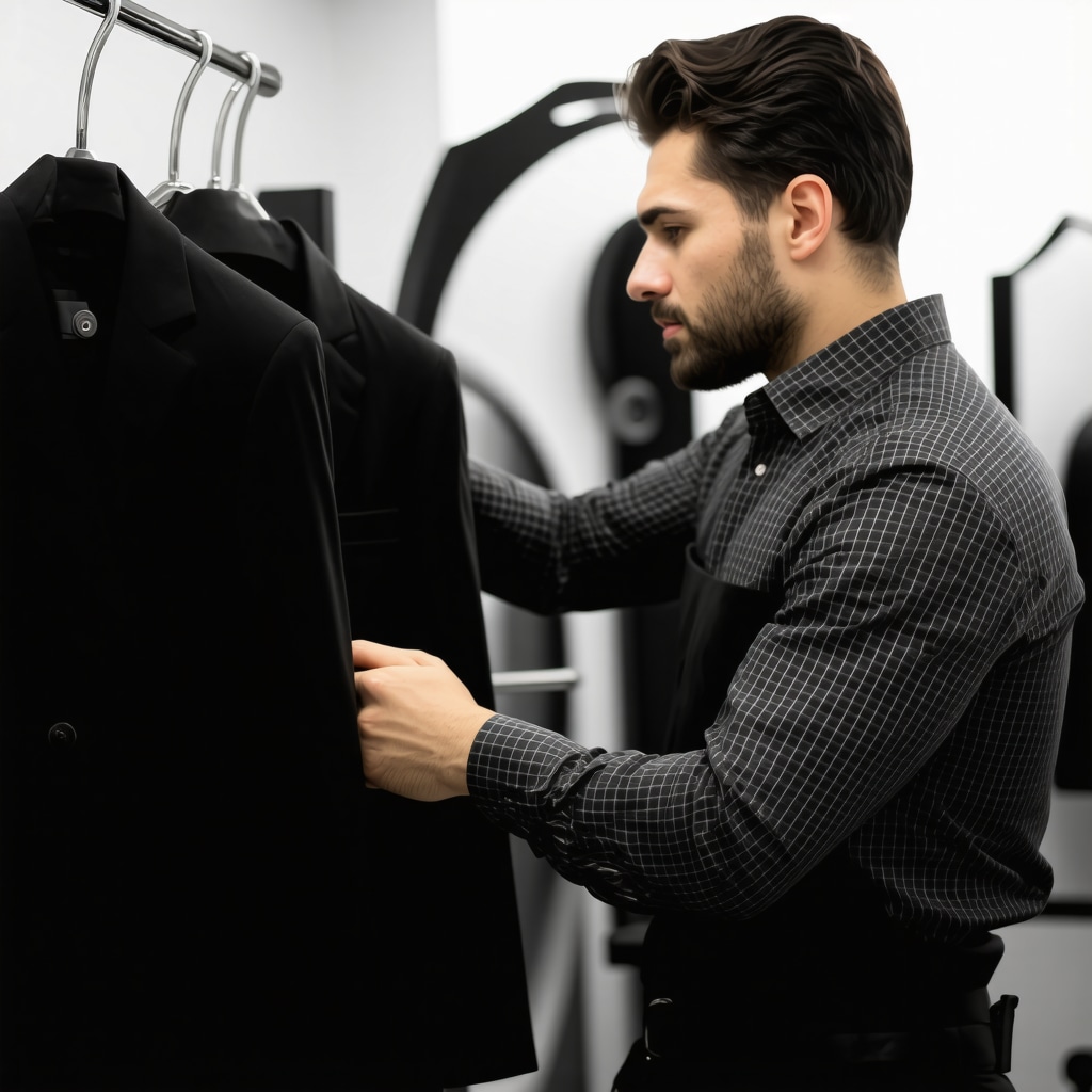 Dry cleaner in Tampa Bay treating a two-piece suit with sustainable solvents and pressing equipment