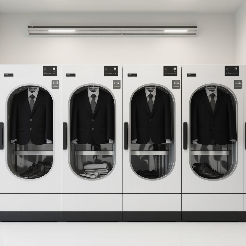 Eco-friendly suit cleaning process in a modern dry cleaner.