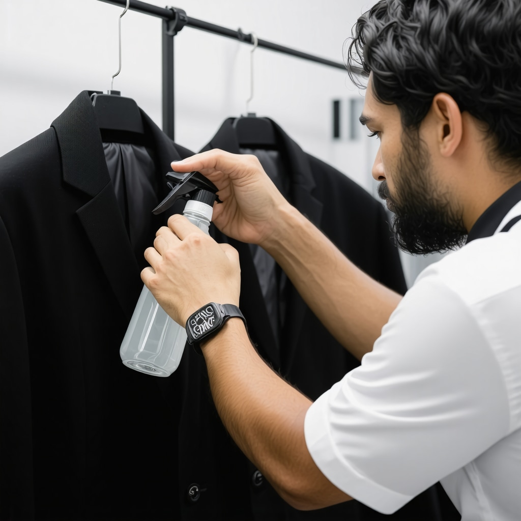 Professional cleaner using eco-friendly solvents on a suit in a clean, eco-conscious dry cleaning facility.