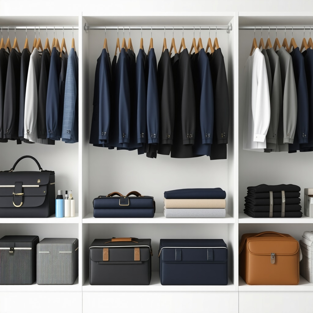 Wardrobe with suits stored in breathable garment bags in a climate-controlled room.