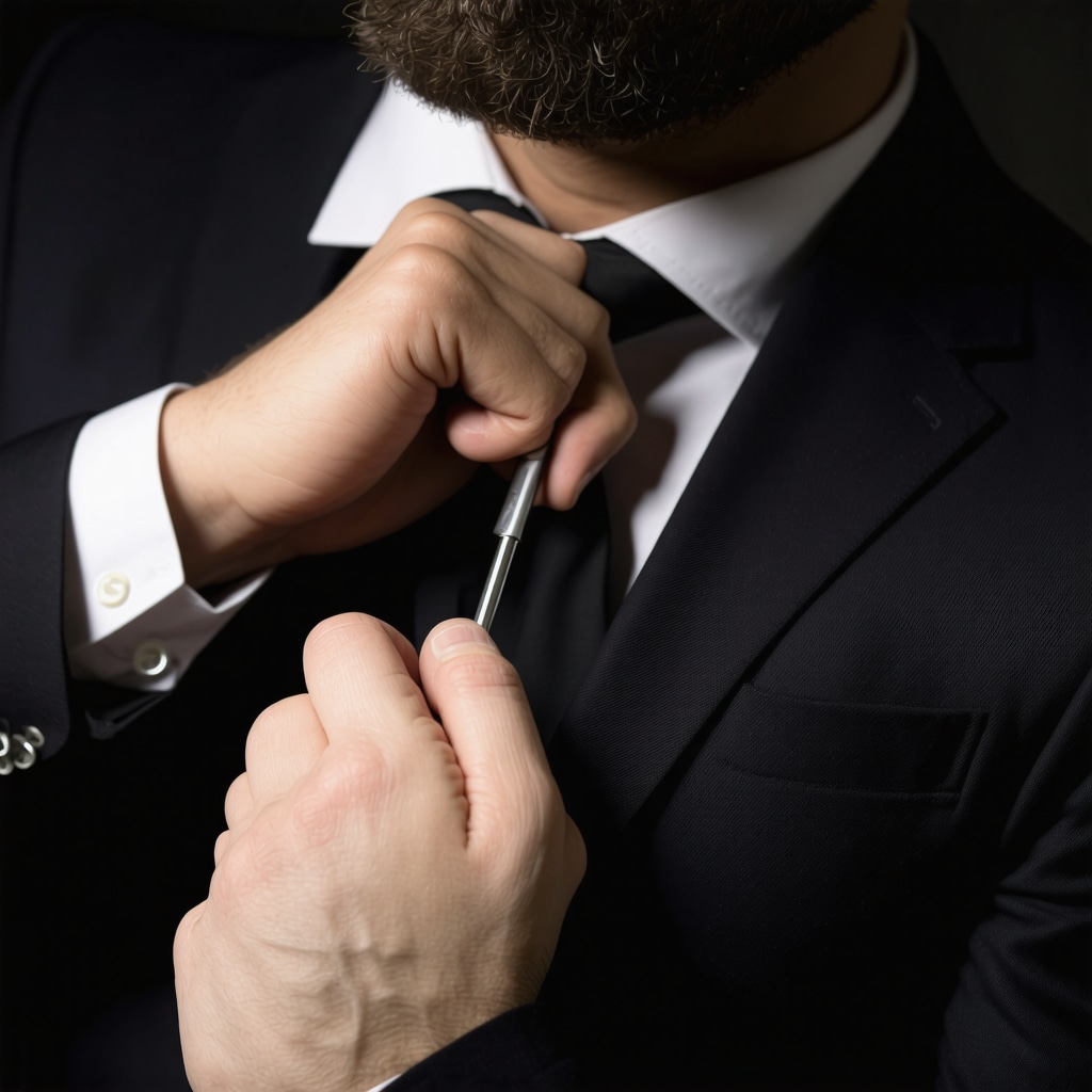 Professional handling a suit with care, highlighting fabric details and maintenance tools.