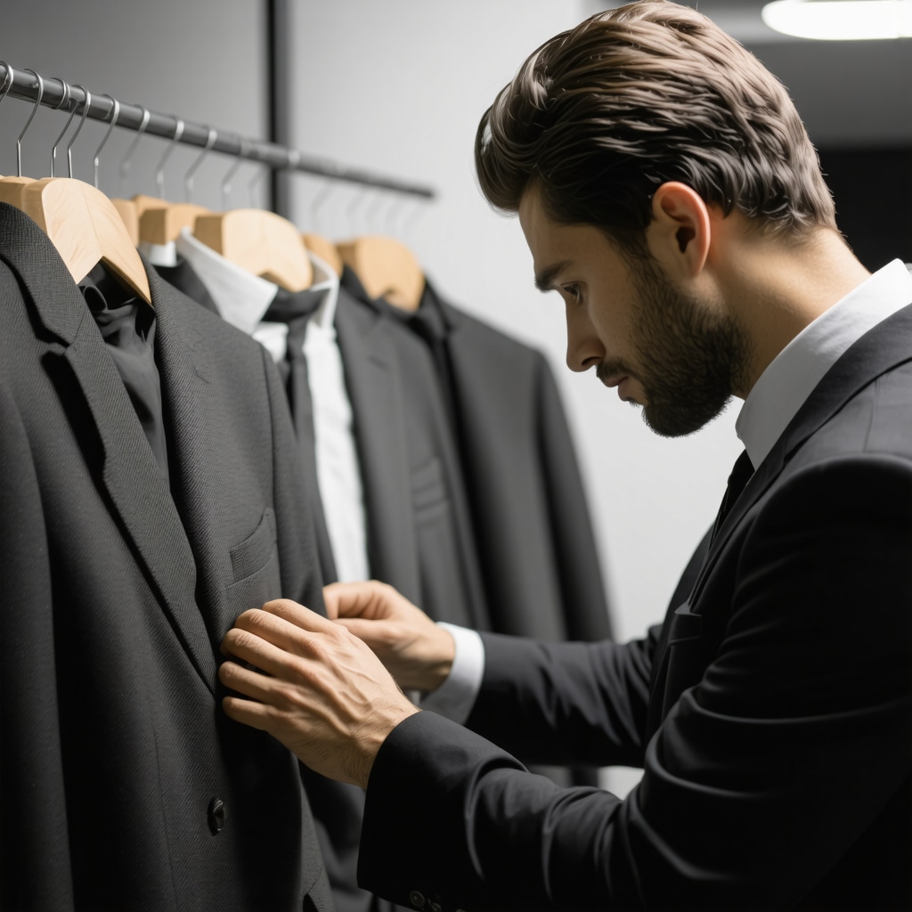Professional inspecting wool suit in dry cleaning facility