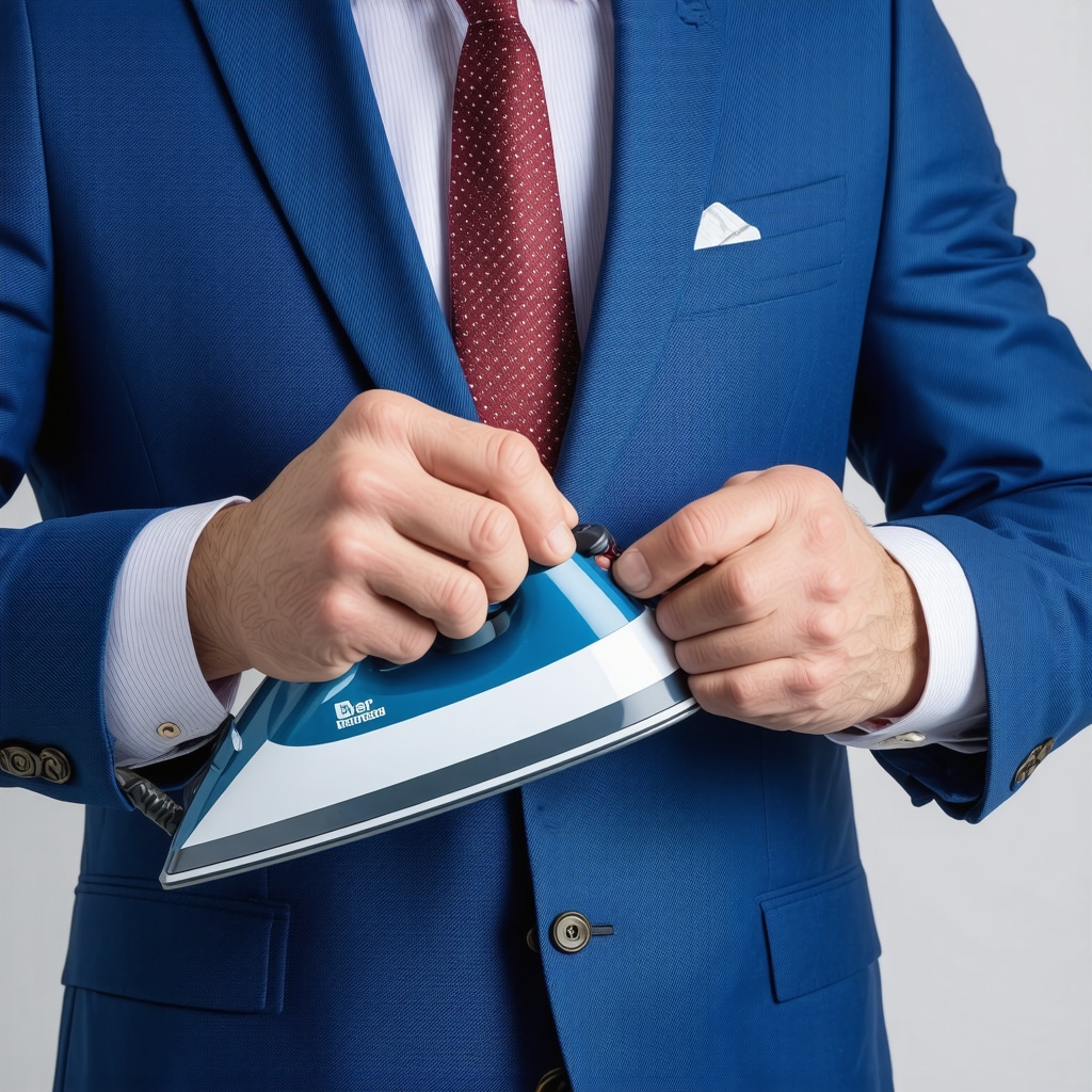 Tailor pressing suit jacket with steam iron for professional results.