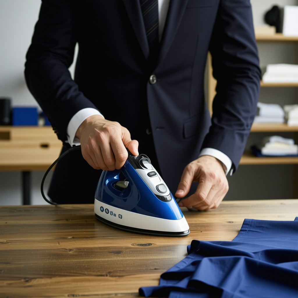 Close-up of a professional pressing a suit with steam iron in Tampa Bay studio