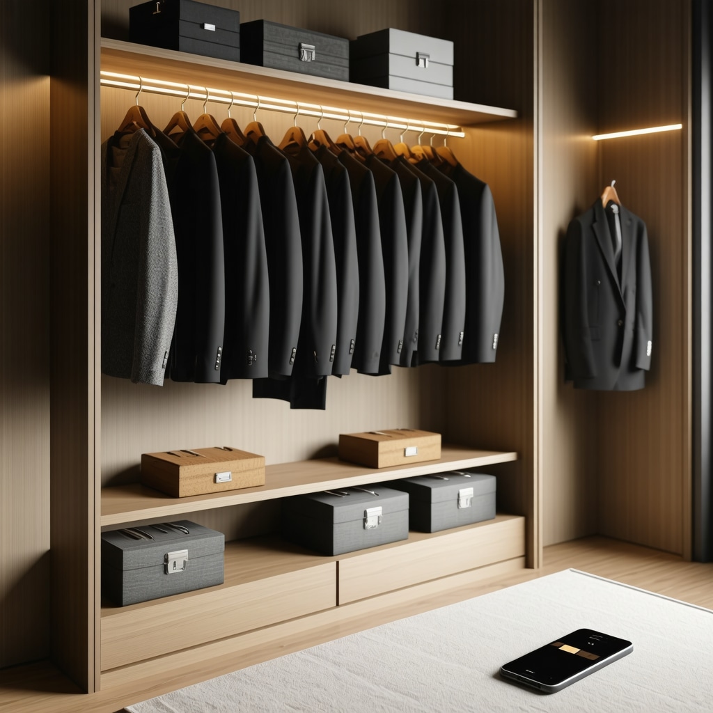 High-end suits on cedar hangers with breathable garment bags and a smartphone showing a wardrobe management app in a well-lit closet
