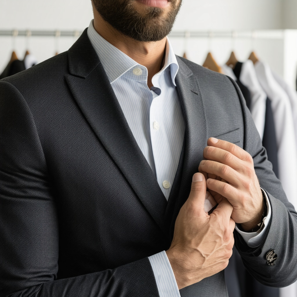 Professional dry cleaner handling a wool suit with care