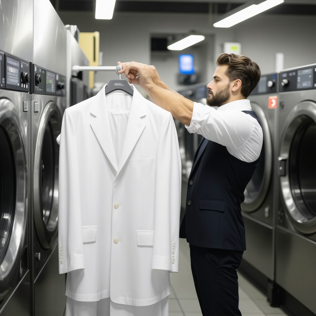 Dry cleaner carefully pressing a large suit in Tampa Bay