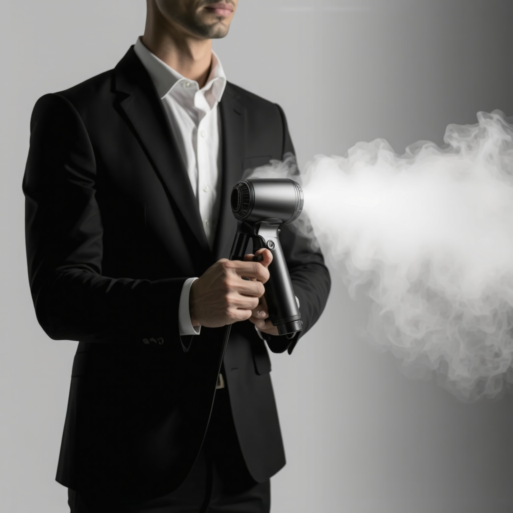 Professional suit steamer demonstrating fabric care for wrinkle removal