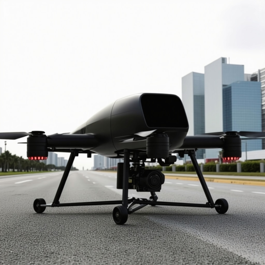 A drone delivering suits over Tampa Bay cityscape