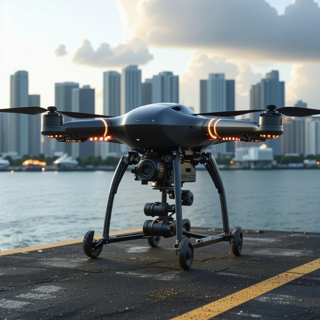 Drone delivering pressed suit over Tampa Bay cityscape