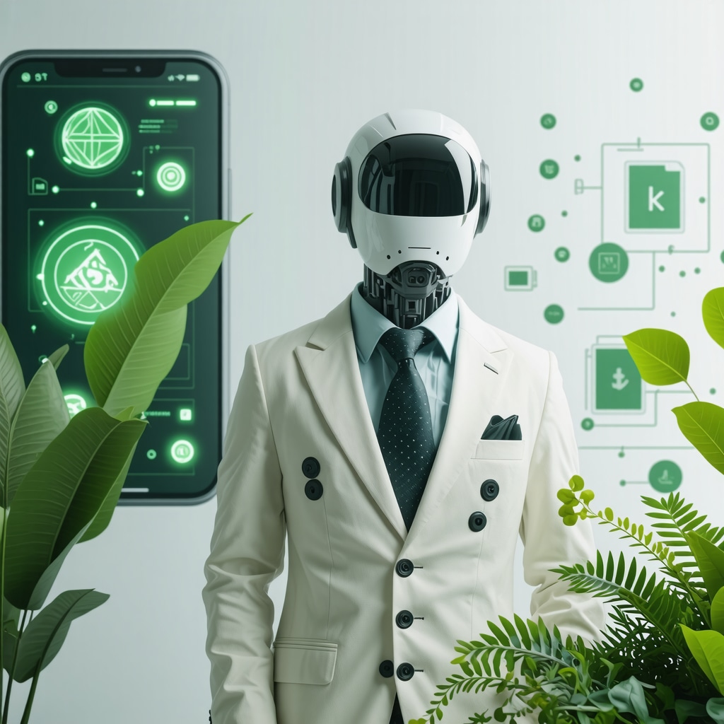 Digital interface illustrating AI analytics, blockchain, biodegradable solvents, and IoT sensors for sustainable suit care