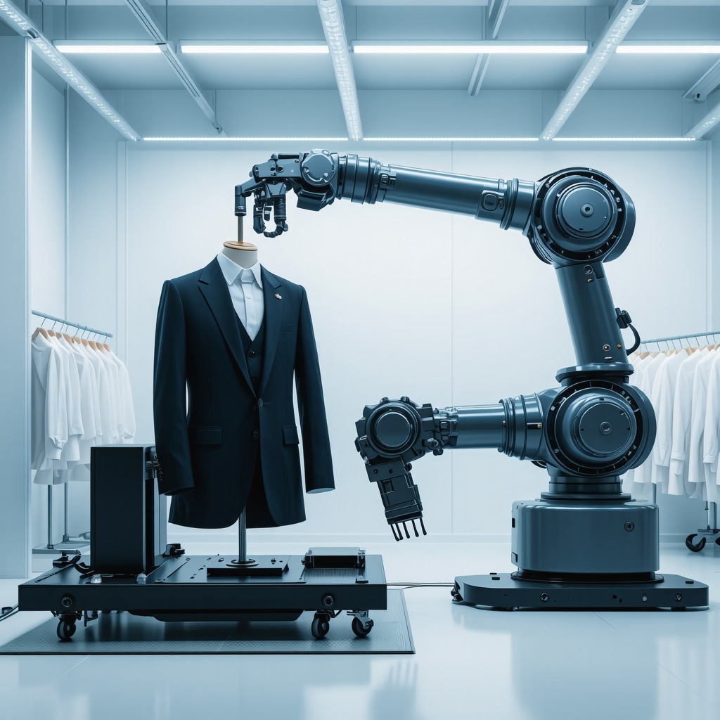 Robotic arm cleaning a suit in a futuristic dry cleaning facility, showcasing automation and advanced technology.