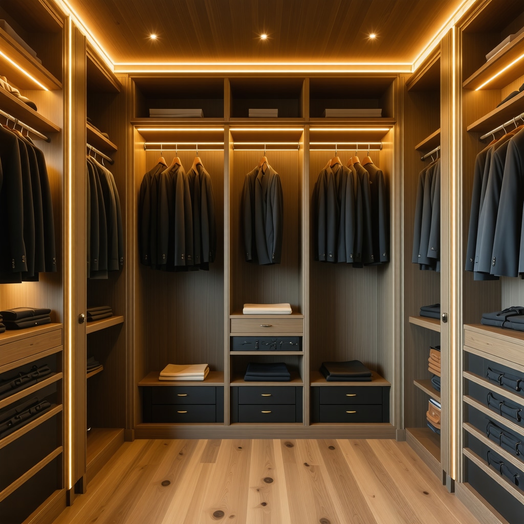 A sleek wardrobe featuring integrated climate control systems, demonstrating advanced suit preservation techniques.