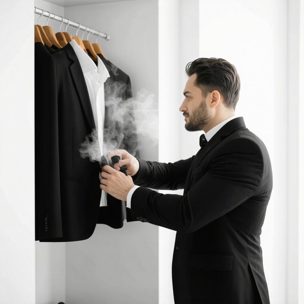 Person steaming a suit in a closet to remove wrinkles and maintain freshness