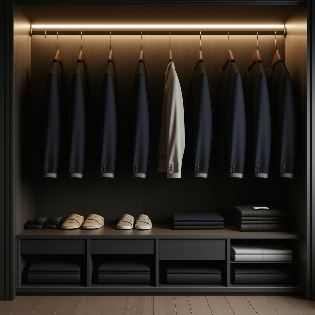Modern closet with IoT sensors monitoring environmental conditions to preserve business suits