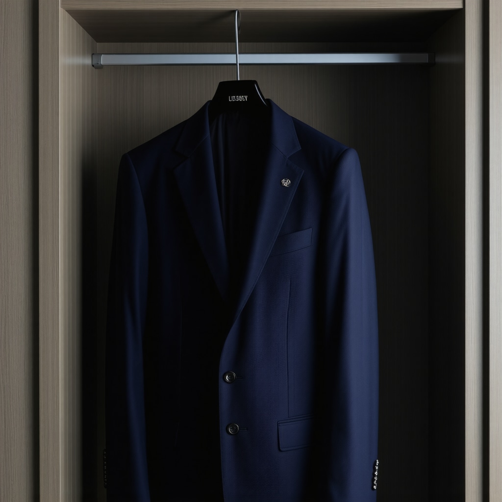 High-end suit stored properly in climate-controlled closet with padded hanger.