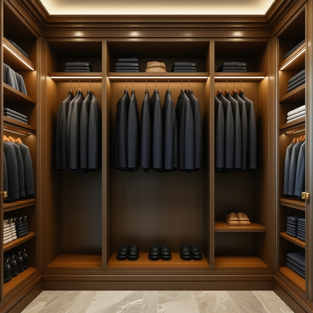 Elegant closet with tailored suits on padded hangers in a climate-controlled wardrobe.