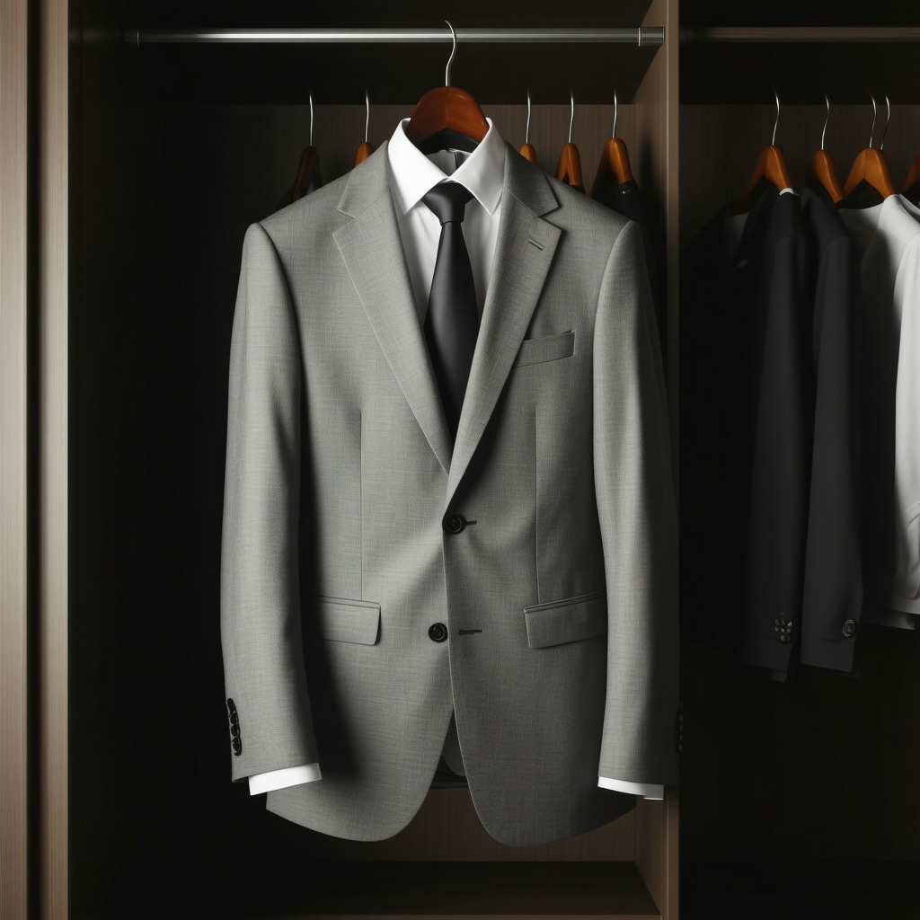 High-quality suit stored correctly in a breathable garment bag, emphasizing proper storage methods.