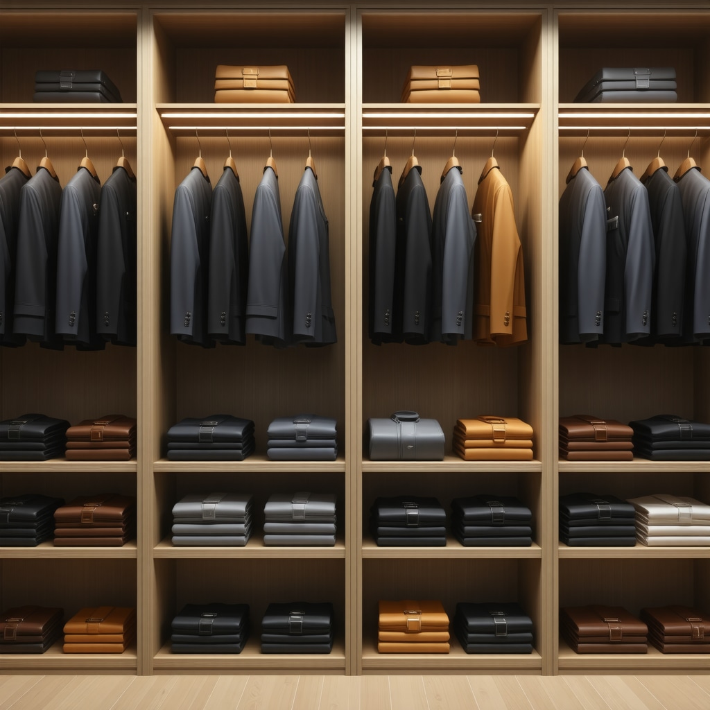 Sophisticated wardrobe with suits stored in breathable garment bags and humidity control devices.
