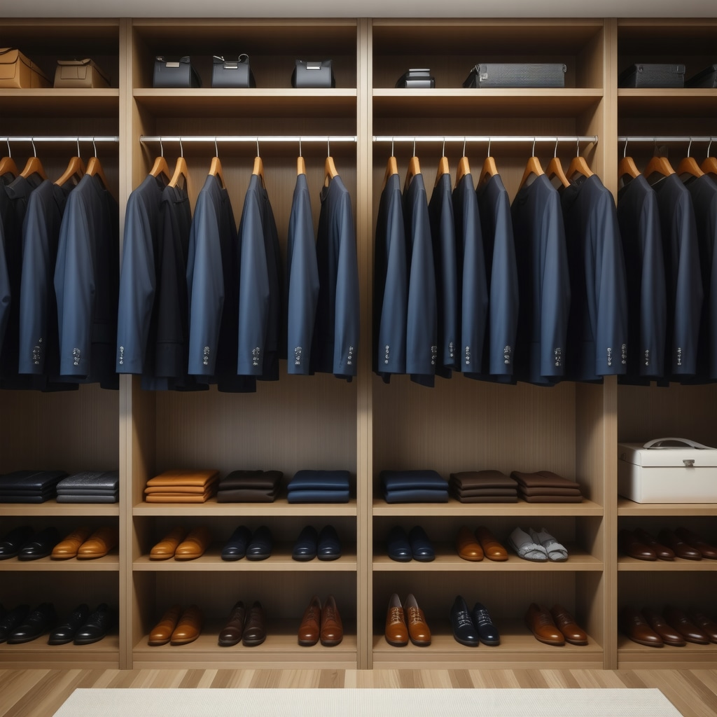 Organized closet with high-end suits on wooden hangers in natural light