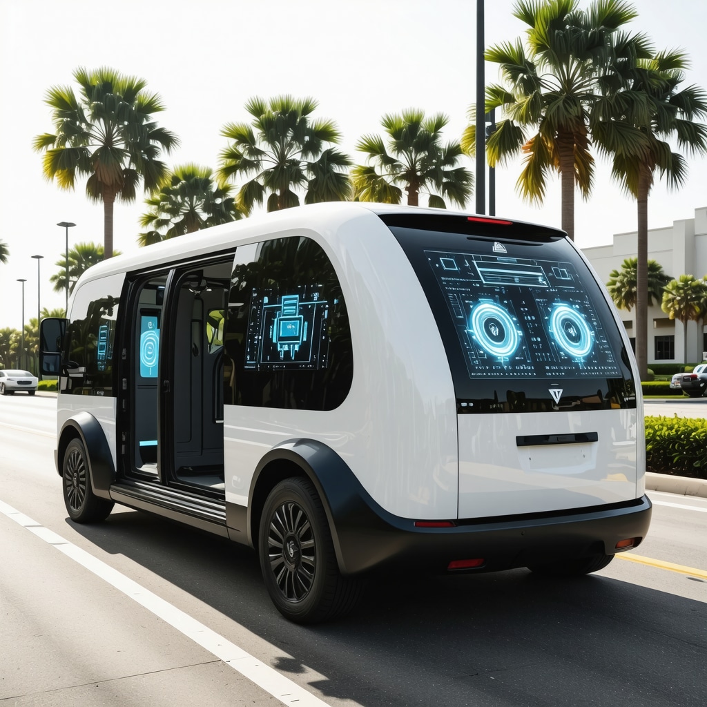 Mobile dry cleaning vehicle featuring nanotechnology equipment and augmented reality display in Tampa Bay city environment