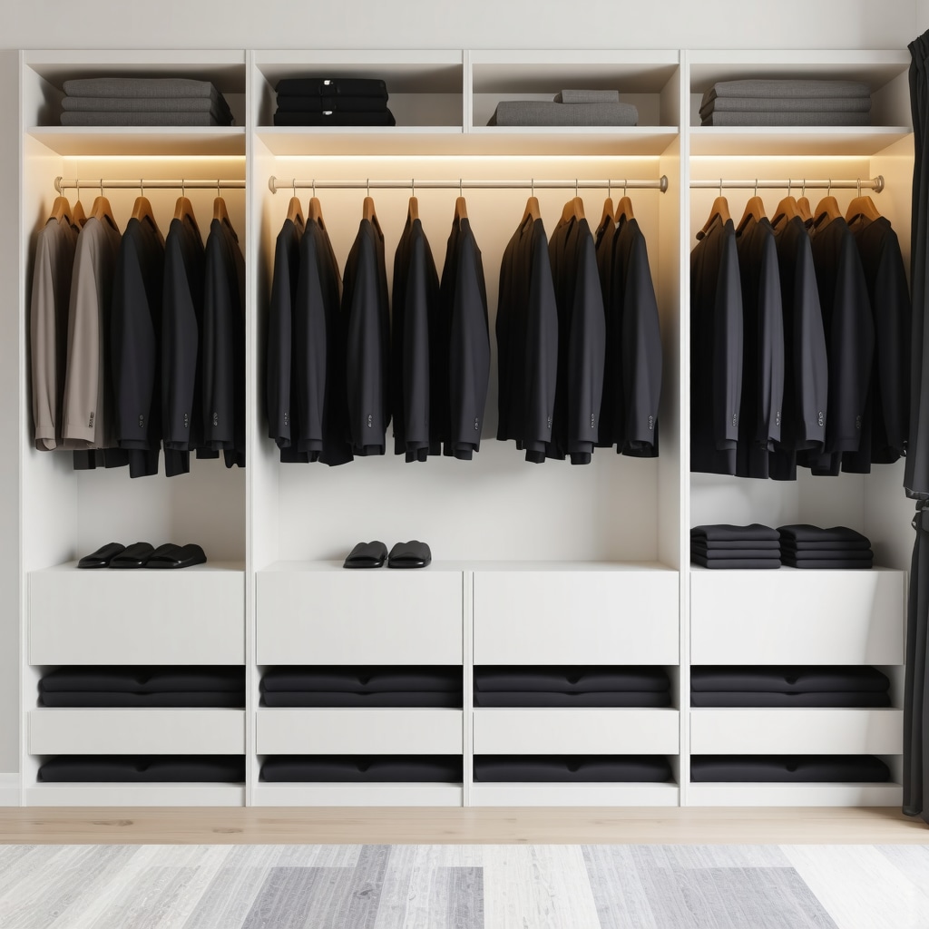 A stylish wardrobe with suits stored in climate-controlled environment and vacuum-sealed bags