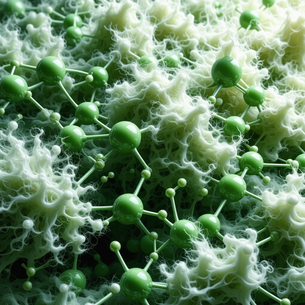 Illustration of green solvent molecules preserving wool and silk fibers at molecular level during eco-friendly suit cleaning