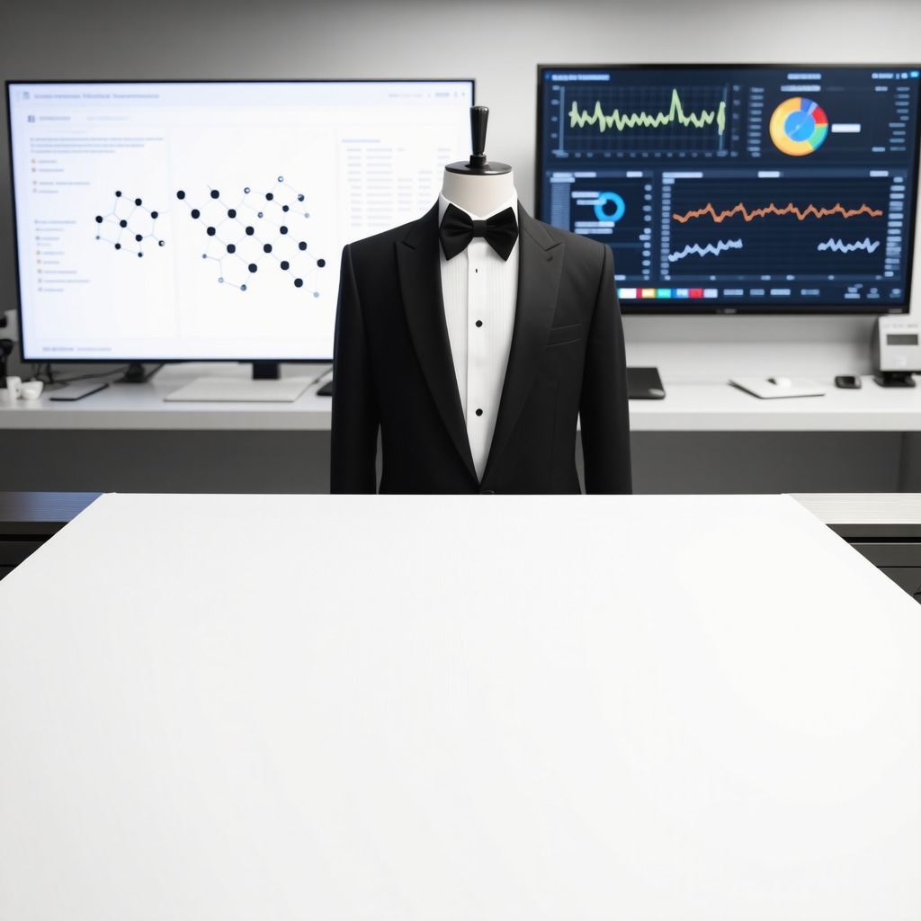 Close-up of tuxedo fabric with nanocoating and digital analytics interface background