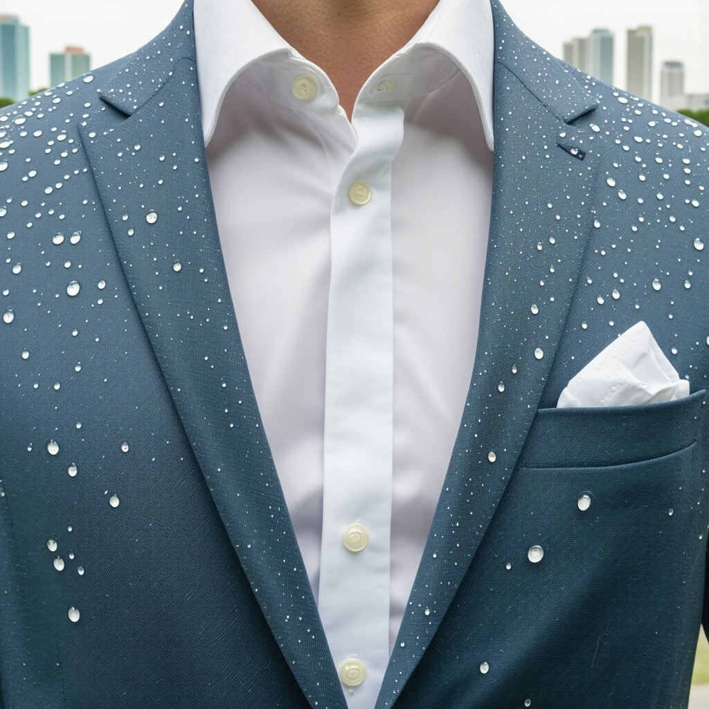 Detailed fabric texture of linen suit with visible water-repellent droplets and integrated smart sensors illustrating advanced fabric care technologies in Tampa