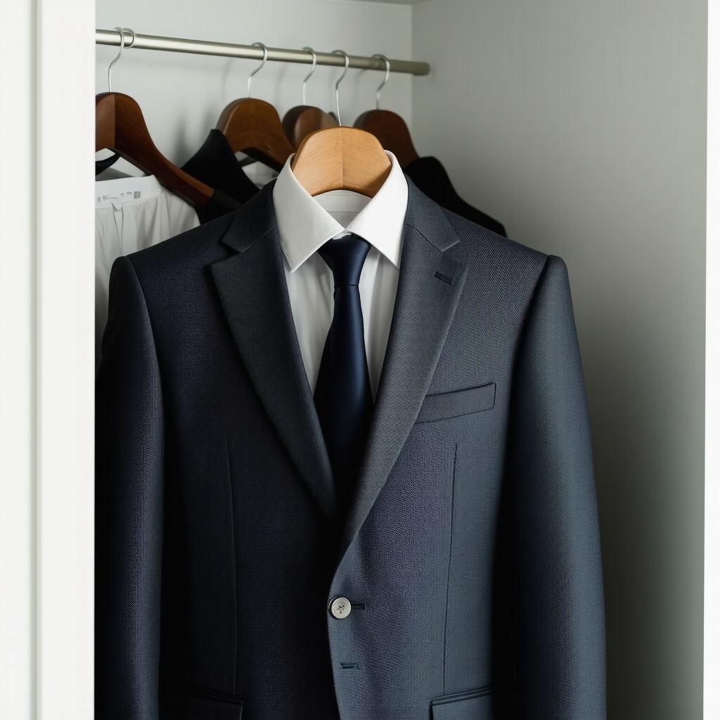 Luxury wool suit with nanotech protection hanging in a cedar hanger inside a climate-controlled closet featuring silica gel packets and humidity sensors