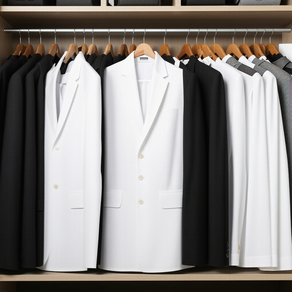 A neat wardrobe with suits in breathable bags and climate controls for preservation