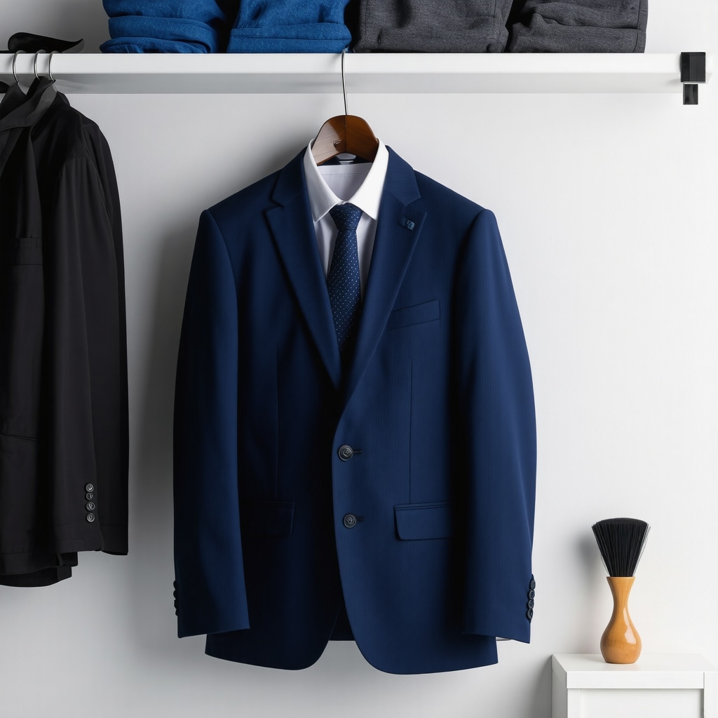 Well-maintained men's suit hanging in closet with garment brush