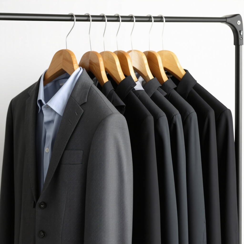 Suit storage in breathable garment bags hanging in a closet to prevent damage and maintain shape.
