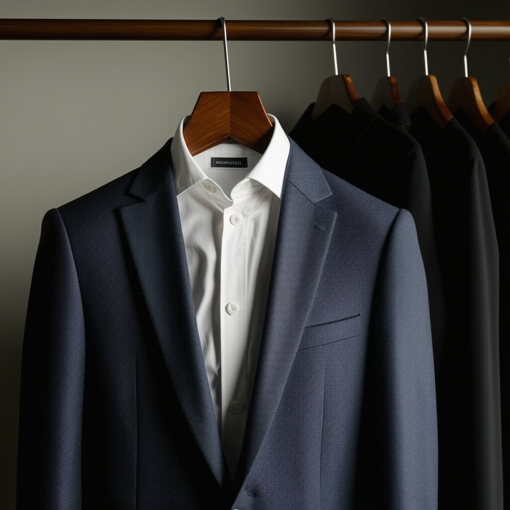 Suit on hanger showing fabric quality and storage techniques.