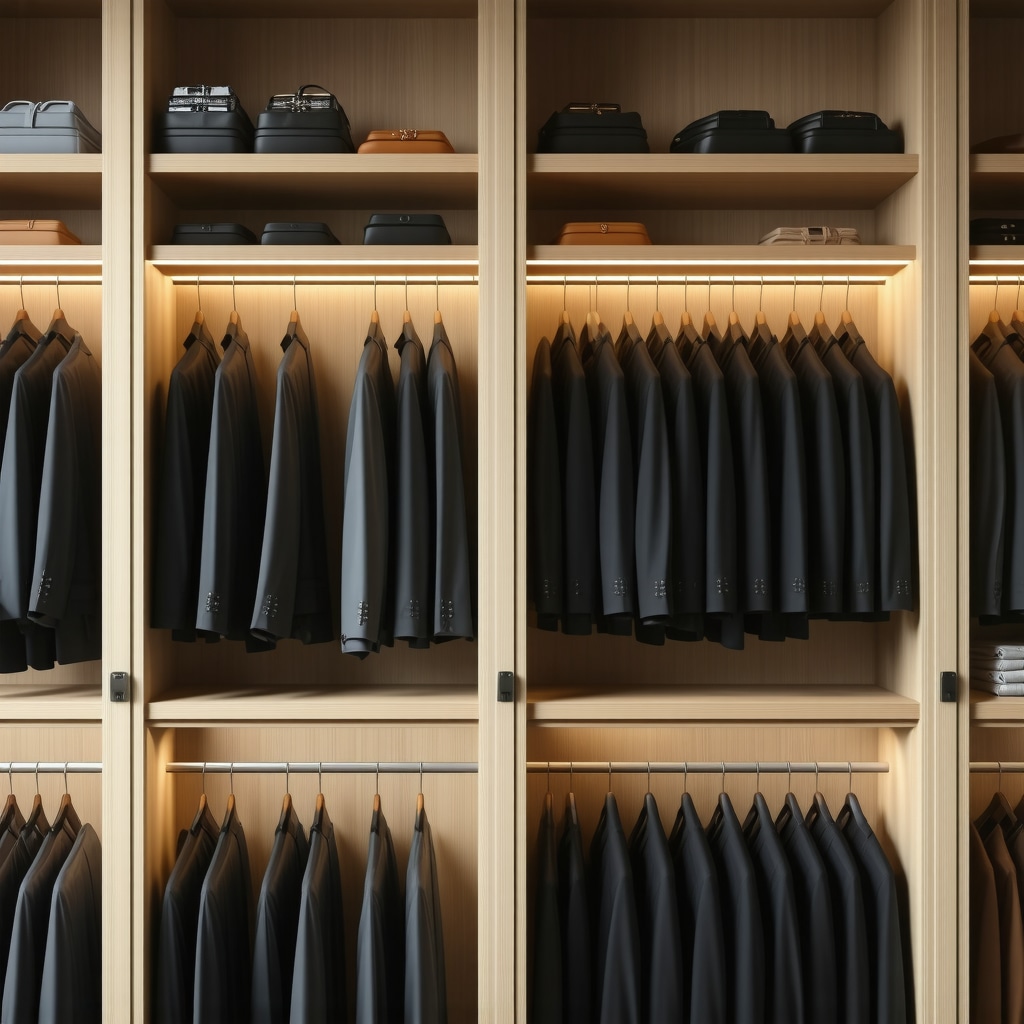 Wardrobe with suits in breathable garment bags, highlighting fabric care