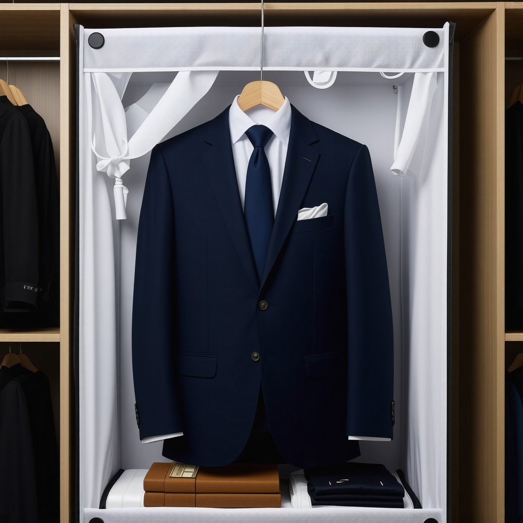Suit stored in breathable garment bag with cedar block for optimal preservation in Tampa Bay climate.