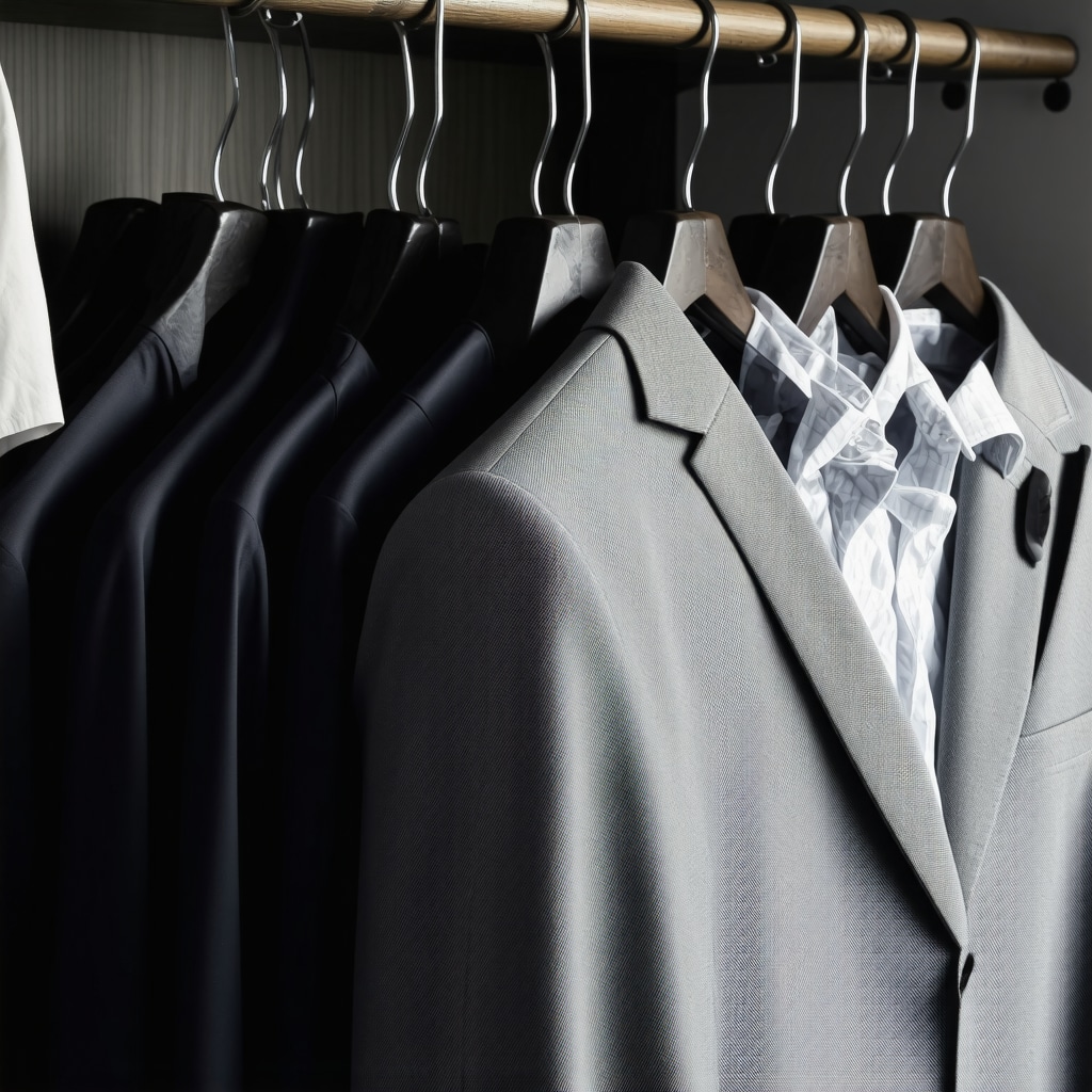 Closet with suits on hangers in breathable garment bags