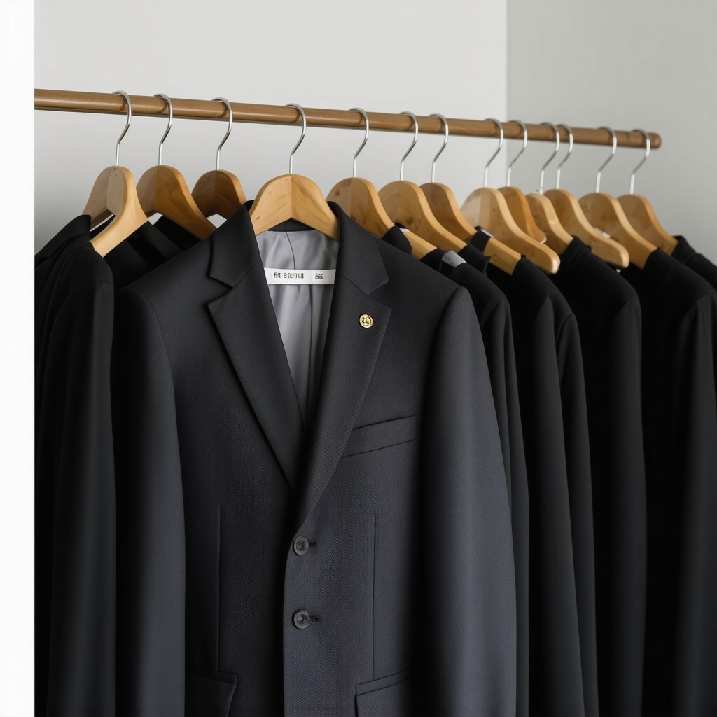 Suit hanging on a padded hanger in a closet for optimal maintenance.