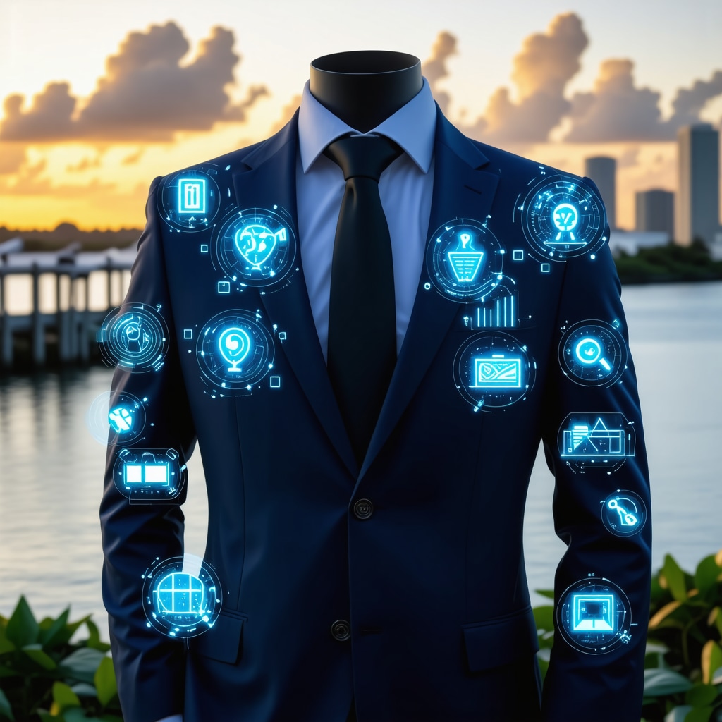 Digital smart tags on a suit with eco-friendly and AI symbols, Tampa Bay skyline background