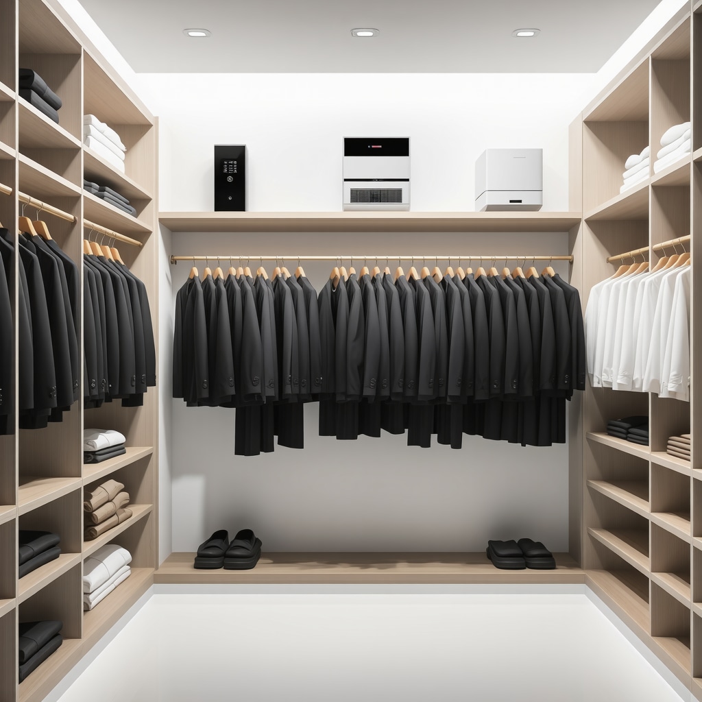 Interior view of a modern smart closet with cedar hangers holding suits and humidity control devices