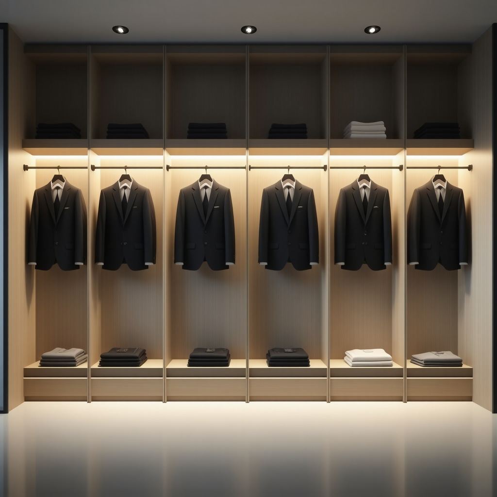 High-tech closet interior showing suits hanging with humidity and UV sensors