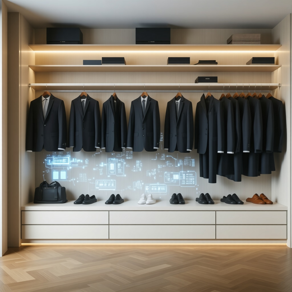 An image depicting a modern wardrobe equipped with IoT sensors actively monitoring temperature and humidity to preserve business suits