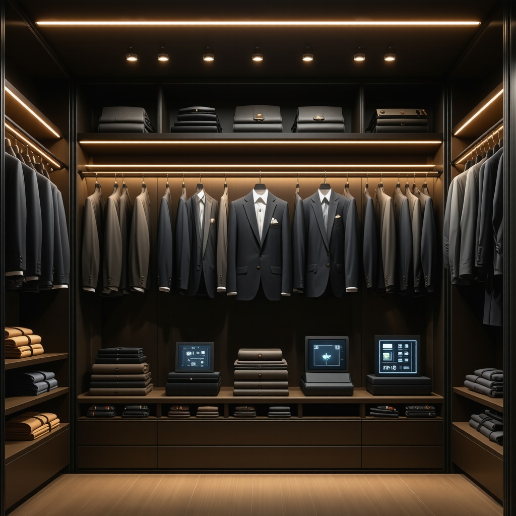 Interior view of a smart wardrobe equipped with sensors monitoring humidity and temperature, with luxury suits hanging inside in a modern home environment