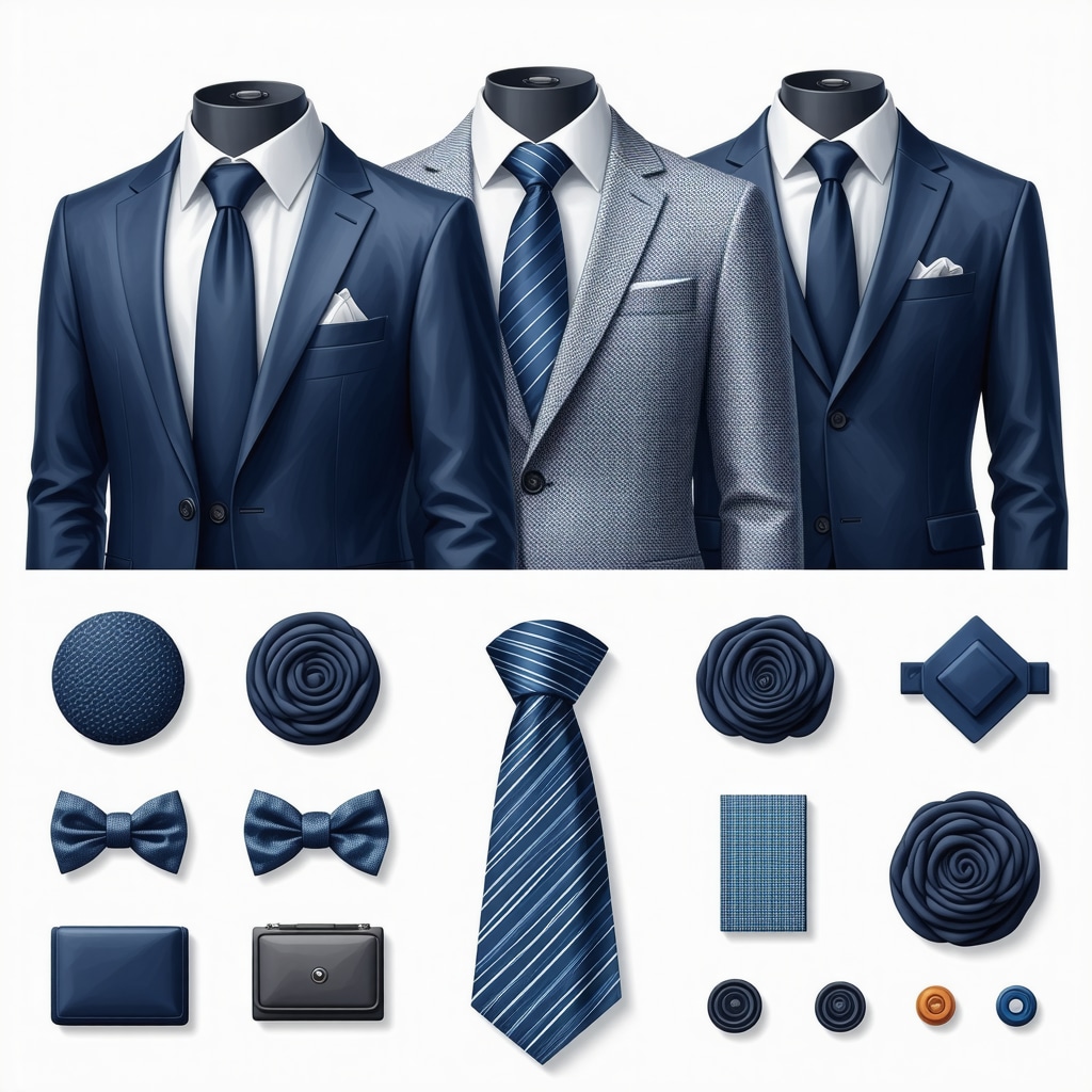 Visual guide of suit care symbols and fabric textures for maintenance