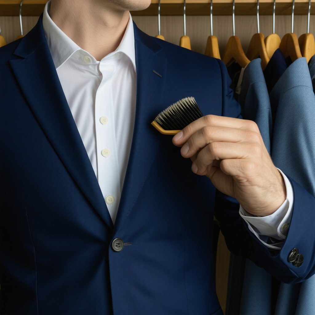 Close-up of a suit being brushed in a closet