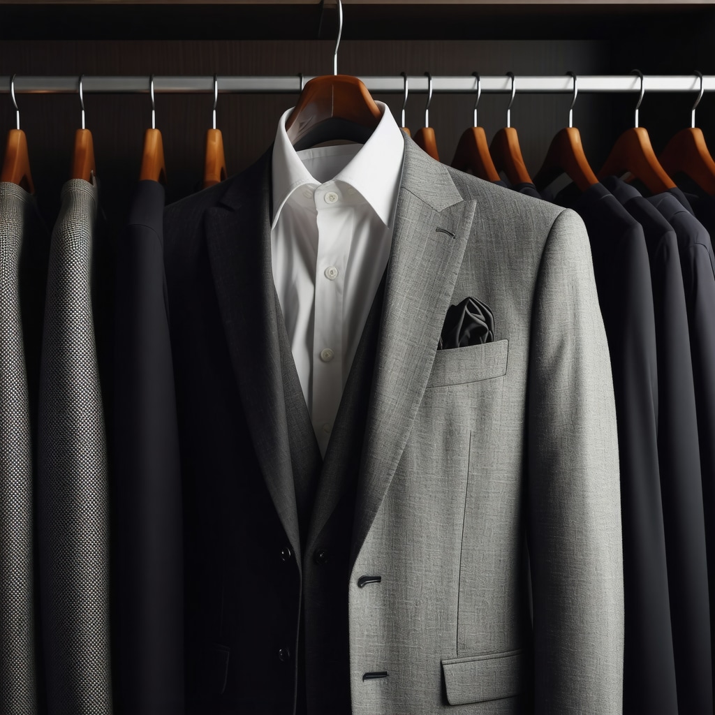 Professional suit stored in a climate-controlled wardrobe for fabric protection.