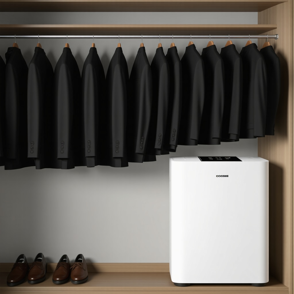 Suit hanging in closet with dehumidifier to prevent humidity damage