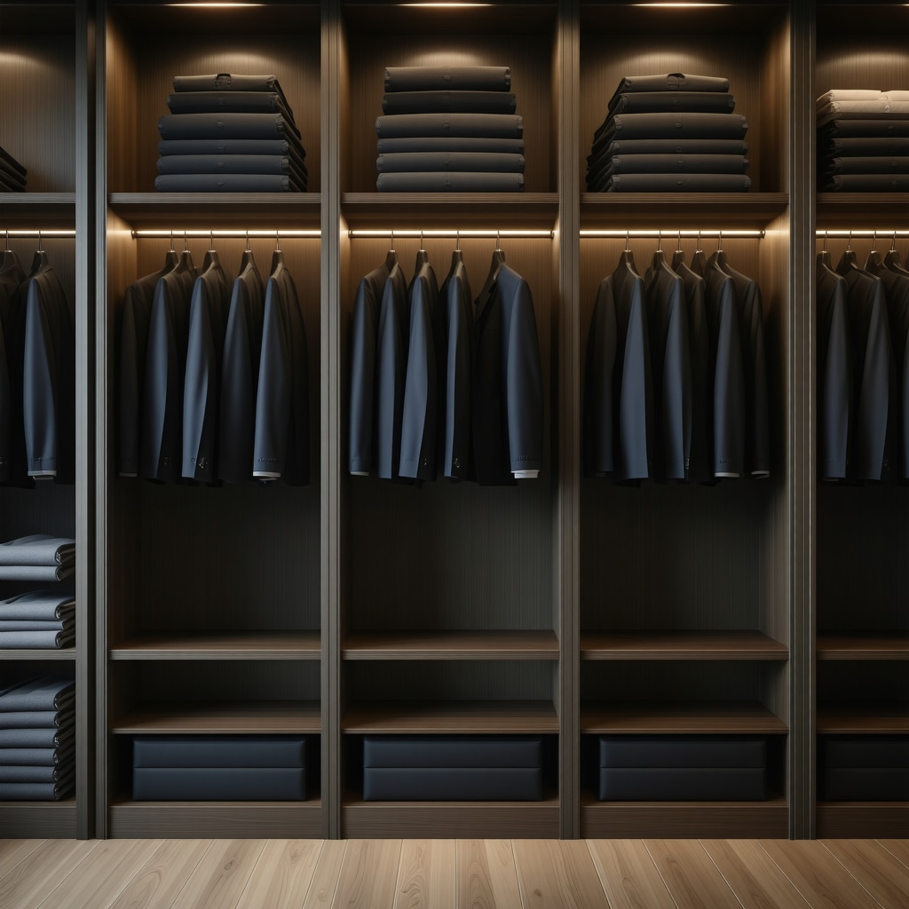 Organized closet with suits stored in breathable bags and cedar shelves in Tampa